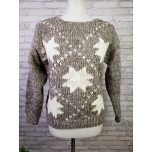 Vintage 1980s wool blend hand knit women's sweater quilt stars design‎ - Small